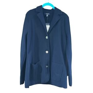 CHAPS Navy Knit Cotton Blend Sweater Blazer Silver Buttons Pockets Women L NWT